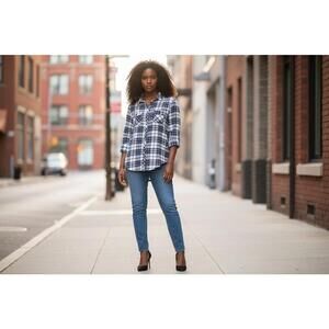 Women's Blue and White Plaid Casual Shirt